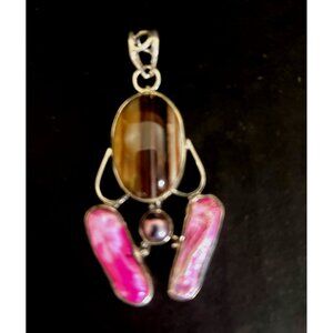 Sterling Silver Pendant W/ Tiger Eye & Pink Abalone Shell Accents